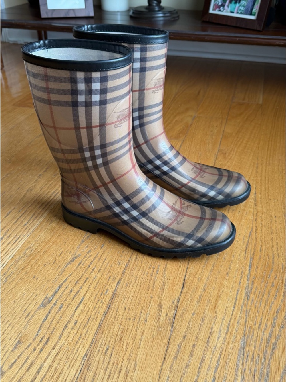 Burberry Beige and Black Plaid Rain Boots